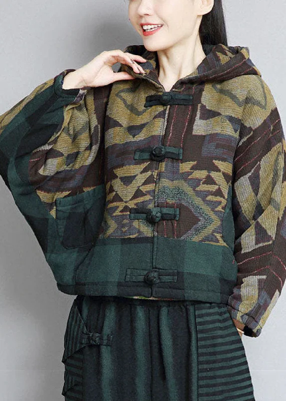 Comfortable Women's Clothing Chic Green Hooded Patchwork Oriental Button Fine Cotton Filled Jackets Winter