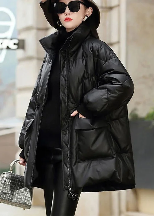 Women's Tailored Outfit French Black Cinched Sheepskin Duck Down Filled Down Jacket Winter