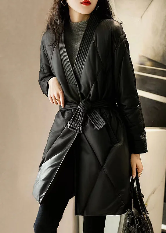 Women's Plus-Size Garments Simple Black V Neck Tie Waist Patchwork Sheepskin Duck Down Coat Winter