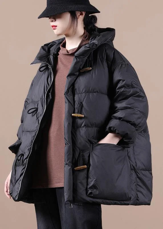 Sustainable Fashion Clothing For Women Casual Loose Fitting Womens Parka Overcoat Black Hooded Pockets Cotton Coat