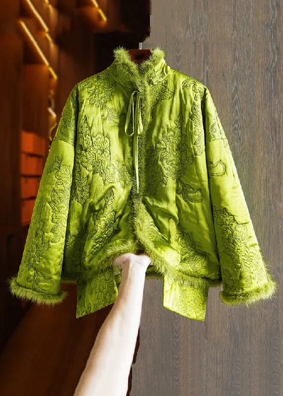 Women's Transitional Garments Plus Size Green Lace Up Mink Hair Patchwork Silk Parka Winter