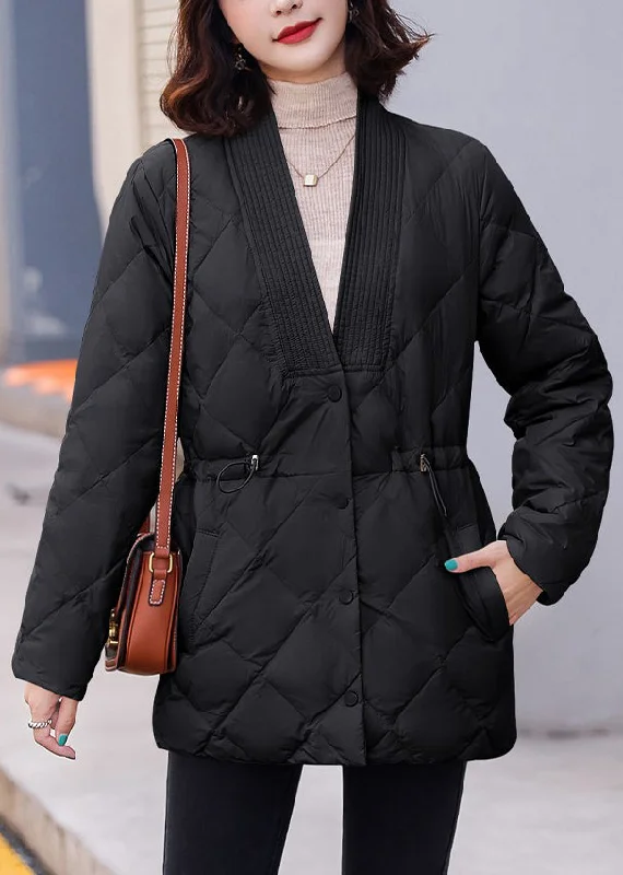 Huge Markdowns On Must-Have Fashion Essentials Loose Black V Neck Button Drawstring Parka Winter