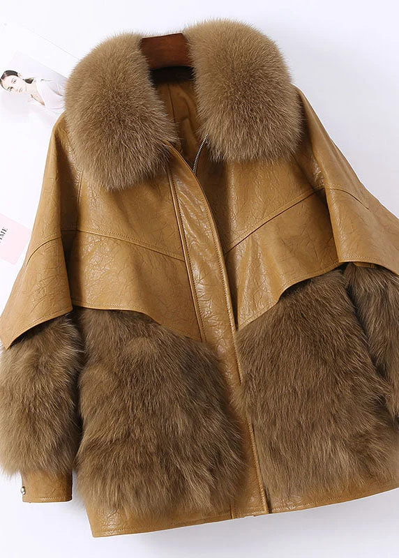 Women's Plus-Size Garments Fitted Khaki Zip Up Fox fur Patchwork Leather Puffer Jacket Winter