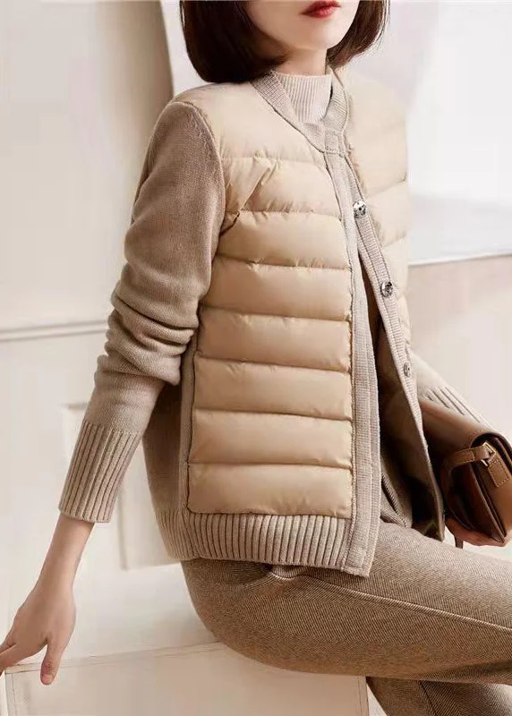 Timeless Women's Outfit Modern Beige White Colour O-Neck Patchwork Knit Parka Long Sleeve