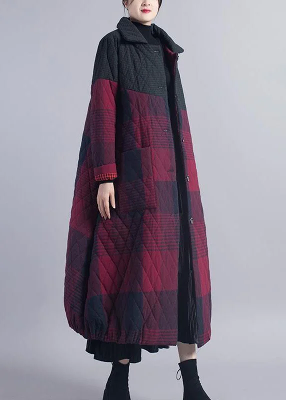 Women's Fashion-Forward Apparel DIY Red Plaid Patchwork Fine Cotton Filled winter coat