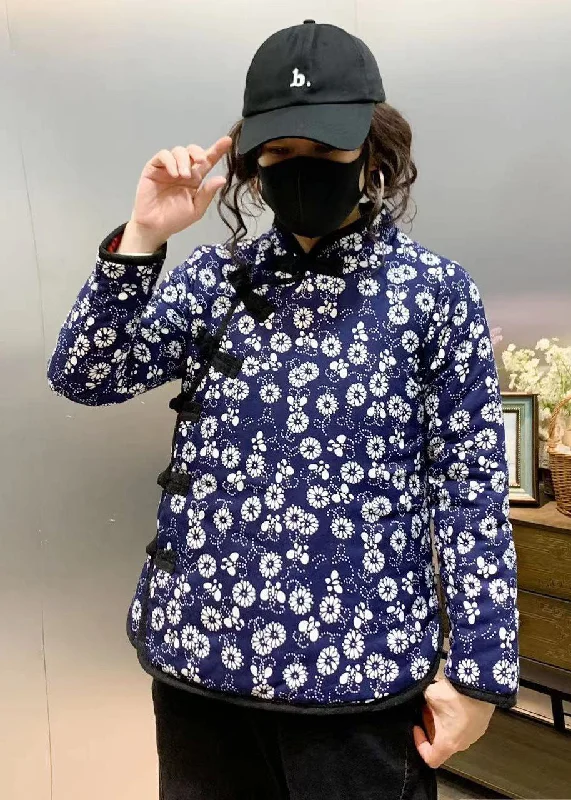 Women's Apparel Blue Slim Fit Fine Cotton Filled Coats Stand Collar Print Winter