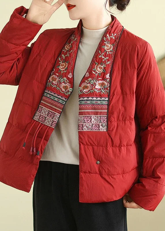 Stylish Women's Garments Handmade Red V Neck Embroidered Cotton Filled Parkas Winter