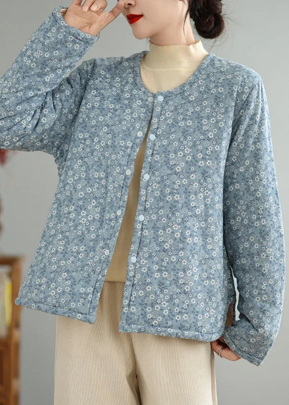 Women's Clothes For Special Occasions Blue Print Button Cotton Filled Winter Coat O Neck