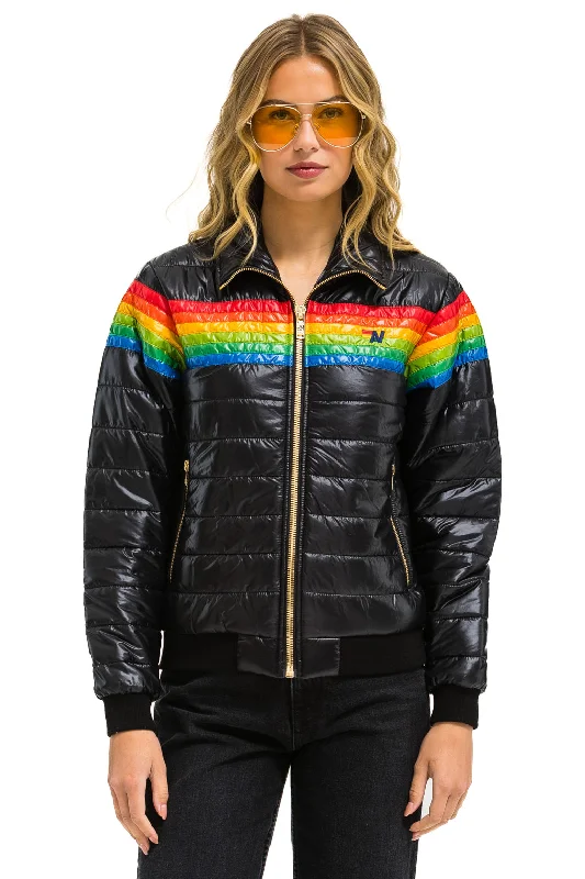 Women's Holiday Clothing 6 STRIPE RAINBOW SLEEVE JACKET -  GLOSSY BLACK