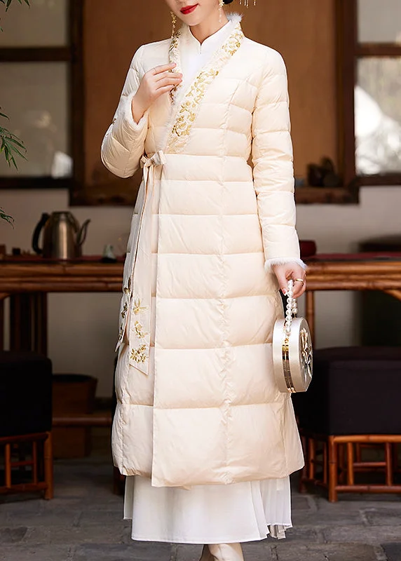 Women's Weekend Outfit Chinese Style Apricot Embroideried Lace Up Patchwork Duck Down Coat Winter