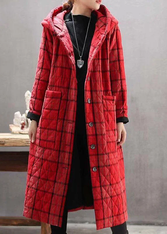 Women's Transitional Clothes Bohemian Red Hooded Plaid Pockets Fine Cotton Filled Long Coat Outwear Winter