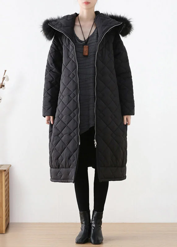 Women's Formal Event Clothing Black Plaid Thick Hooded Long Parka Winter