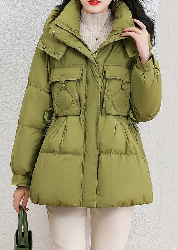 Comfortable Garments For Women Fashion Green Hooded Pockets Patchwork Duck Down Down Coat Winter