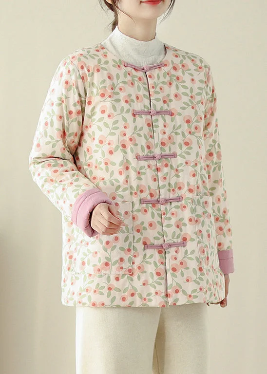 Plus-Size Women's Garments Stylish Print Button Pockets Cotton Filled Parka Winter