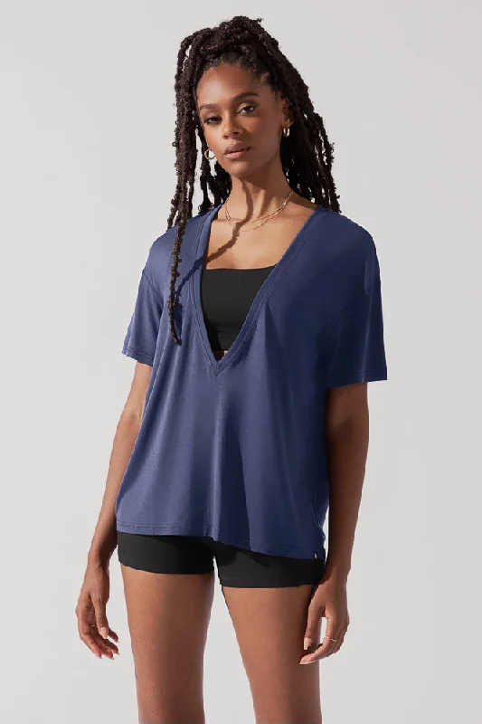 Comfortable Women's Attire Daring Deep V Tee - Dark Navy