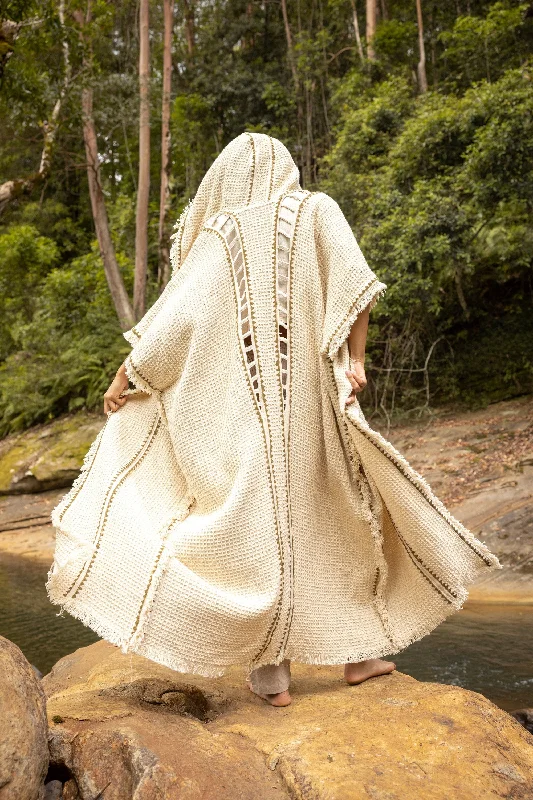 Comfortable Women's Clothing MAGOS WIZARD Ivory Beige Long Hooded Kimono Vest Robe Tribal Ritual Ceremony Gypsy Festival Magic Ritual Primitive Rave Boho Earthy AJJAYA