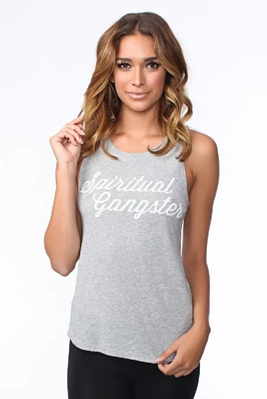 Stylish Women's Outfit Spiritual Gangster Script Muscle Tee - Grey