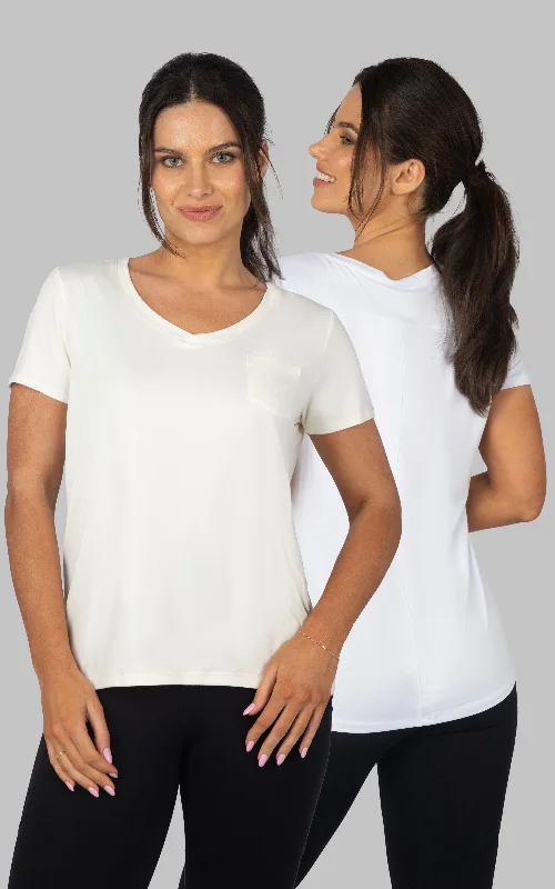 Women's Plus-Size Outfit 2 Pack Super Soft  V-Neck Short Sleeve Shirt w/ Chest Pocket and  V-Neck Short Sleeve Shirt