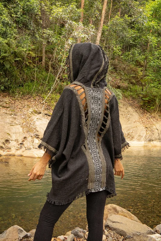 Charming Women's Outfit For Special Occasions WIZARD Womens Black Hooded Kimono Vest Tribal Ritual Ceremony Shamanic Gypsy Festival Magic Ritual Alchemy Primitive Rave Boho Earthy AJJAYA